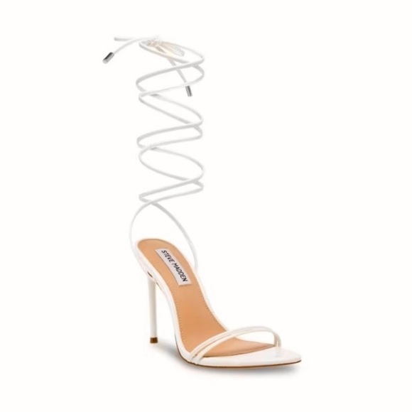 NEW Steve Madden White Stiletto Heels Flamin Sandal Ankle Wraparound Tie Croc - Picture 1 of 10